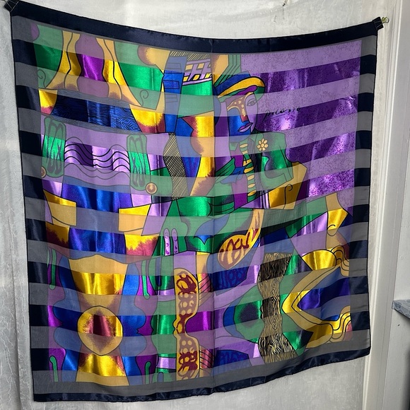 Vintage Picasso Multi Colored Cubist Abstract Artsy Silk Scarf Wrap Tapestry - Picture 12 of 14
